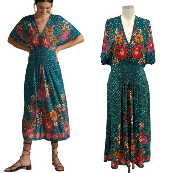 Anthropologie Bl-nk London The Tatiana‎ Kaftan Dress Floral Print Green One Size - Picture 1 of 16